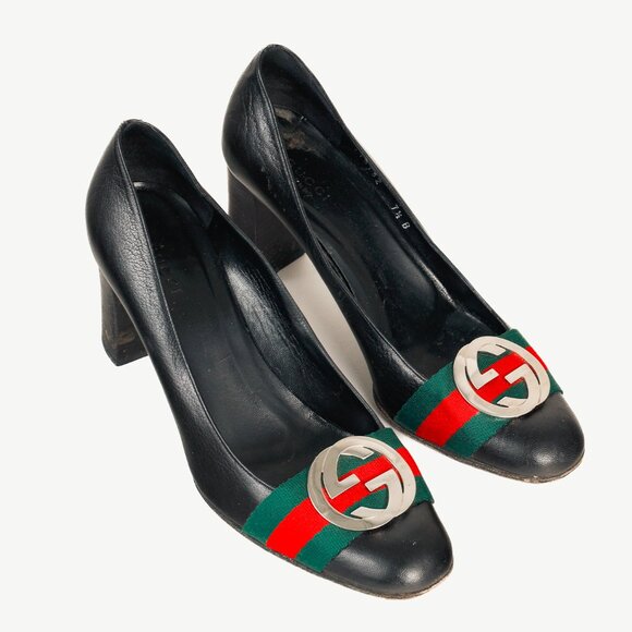 Gucci Black Leather Signature Webbing Logo Round-Toe Pumps - Picture 1 of 11